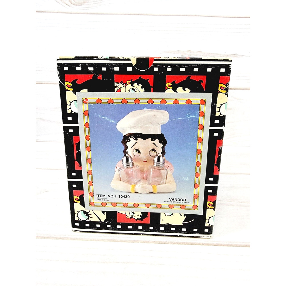 Vintage Betty Boop Chef Salt & Pepper Shaker Holder 3-Piece Set Vandor 1995 NEW